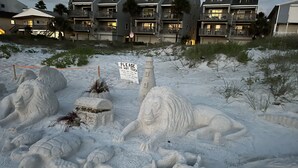 A sand sculpture of a lion and a turtle on a beach with a sign that reads "PLEASE DO NOT TOUCH." - It’s a SHORE THING-Modern finishes! Short walk to the soft beaches on the Gulf (Indian Shores)