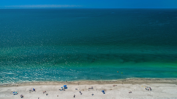A beach with clear turquoise water, sandy shore, and people sunbathing. - It’s a SHORE THING-Modern finishes! Short walk to the soft beaches on the Gulf (Indian Shores)