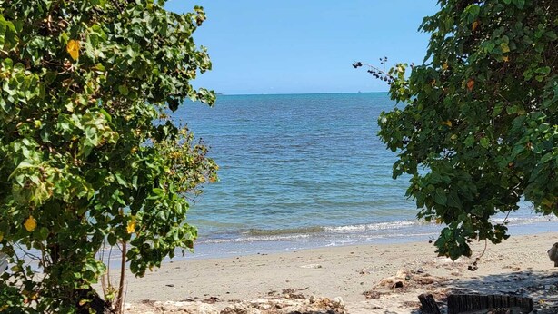 A beach with a clear view of the sea, surrounded by greenery and a concrete path. - Bayfront Villas and Apt (Portmore)