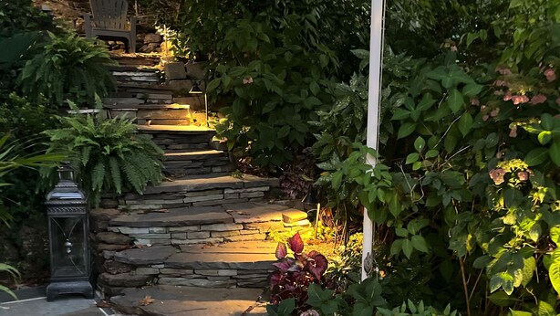 Un chemin de pierres qui traverse un jardin où l’on trouve différentes espèces de plantes, ainsi qu’une lanterne.