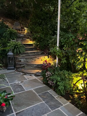 Un sendero de piedra serpentea por un jardín con diversas plantas y un farol.