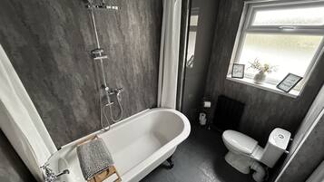 Combined shower/bathtub, hair dryer, towels, soap