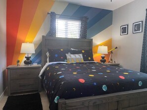 1 bedroom, desk, iron/ironing board, travel crib