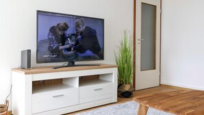 Een televisie op een witte houten standaard, met een afstandsbediening, een deur en een plant in een gevlochten mand.