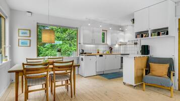 Fridge, stovetop, dishwasher, coffee/tea maker
