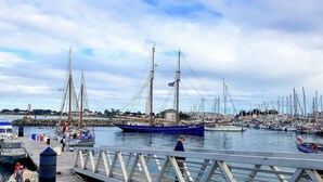 Un puerto deportivo con varios veleros amarrados, un muelle con gente caminando y un cielo despejado.