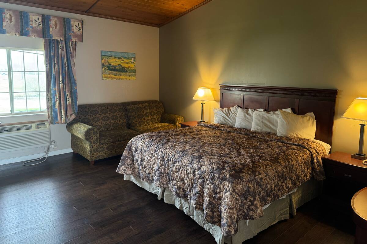 A bedroom with a large bed, two bedside lamps, a headboard, a window with curtains, a painting on the wall, and a patterned sofa.