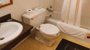 Baño con lavamanos, inodoro y ducha. Se observan toallas en un toallero y un espejo pequeño.
