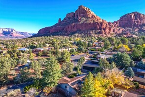 Surrounded by evergreen and deciduous trees, this neighborhood features houses with unique roof styles.