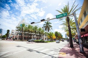 Stroll along Ocean Dr, surrounded by palm trees and vibrant city life.