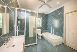 Bathtub, jetted bath, hair dryer, towels