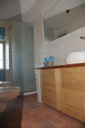 Douche, sèche-cheveux, bidet, serviettes fournies