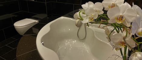Bathtub, hair dryer, towels, soap