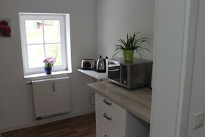 A kitchen with a window, a radiator, a toaster, a kettle, a microwave, a potted plant, and a cabinet. - Ferienwohnung in Struppen (Struppen)