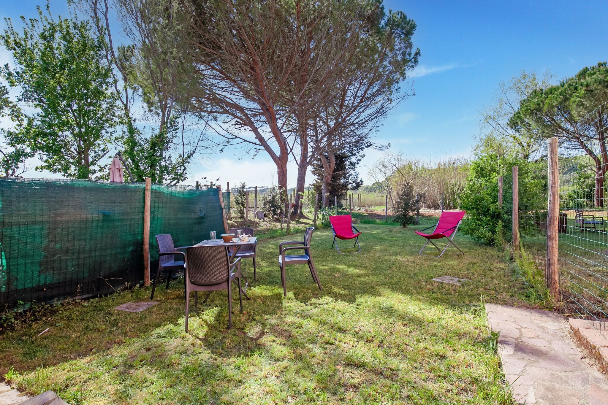 An outdoor seating area with a table and chairs, surrounded by trees and a green fence.