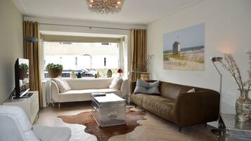 Een smart-tv, een open haard en een dvd-speler