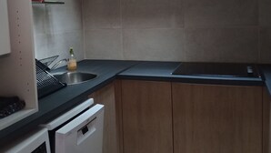 A compact kitchen with a dishwasher, a sink, and a black countertop.