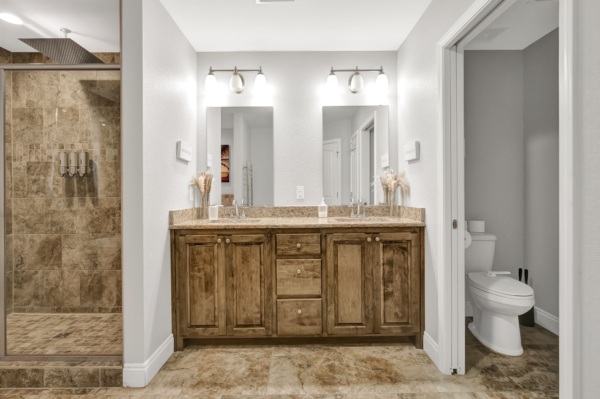 Combined shower/tub, hair dryer, towels, soap
