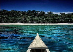 A wooden pier extending into clear turquoise water, leading to a beach with white sand and dense tropical foliage in the background. - Charming Home on the Beach Cebu Balcony Breakfast (Lapu-Lapu City)