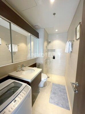 Ducha, secador de pelo, toallas, jabón