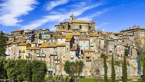 A historic town with a prominent church on a hill, surrounded by traditional stone buildings with terracotta roofs. - LARGE APARTMENT 60 KM FROM ROME (Vignanello)