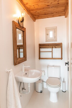 Un baño con techo de madera, un lavabo blanco, un inodoro y un espejo con una lámpara.