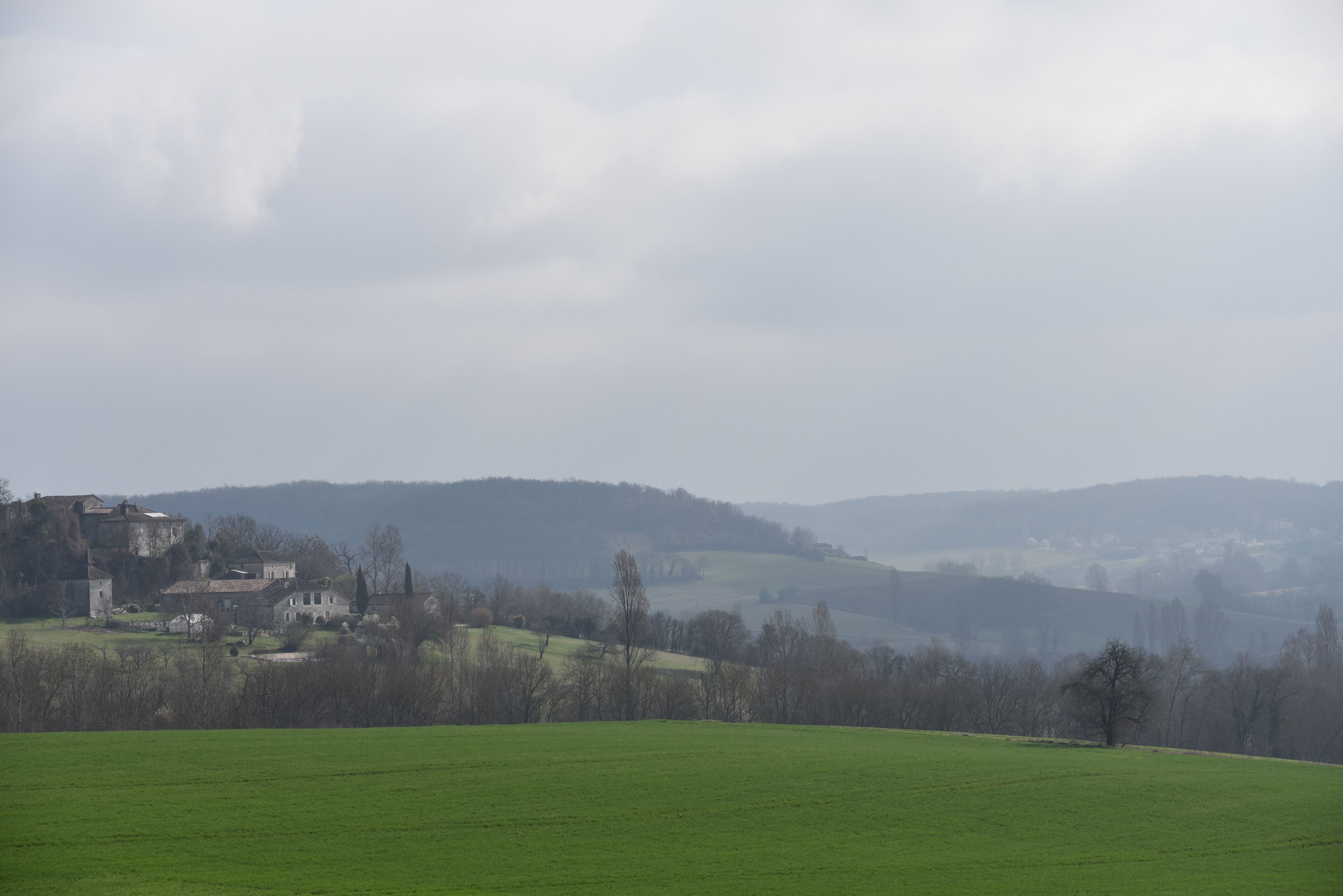Un paisaje rural con un extenso campo verde en primer plano y un pueblo con edificios al fondo.
