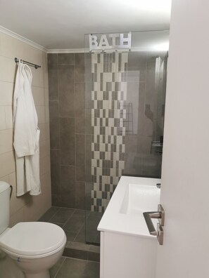 Regadera, secadora de cabello, toallas, papel de baño 