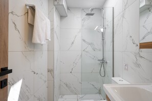 Shower, hair dryer, towels, shampoo