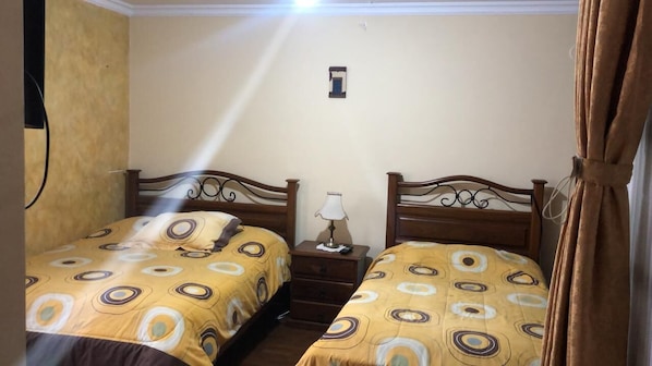 A bedroom with two beds, a nightstand, and a wall-mounted light fixture.