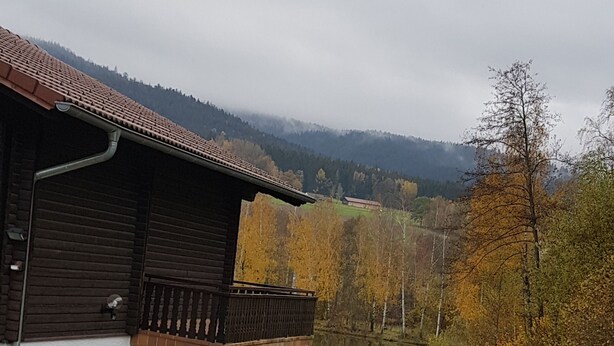Een huis met balkon, een gazon en een vijver op de achtergrond.