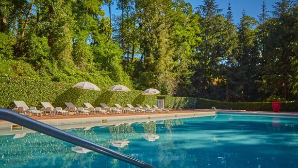 A swimming pool with lounge chairs and umbrellas, surrounded by greenery. - Mobil home 6 pers camping 3* sur belle parcelle au calme avec piscine (Saint-Chéron)