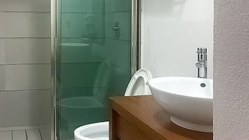 A bathroom with a glass shower enclosure, a white toilet, and a wooden vanity with a sink.