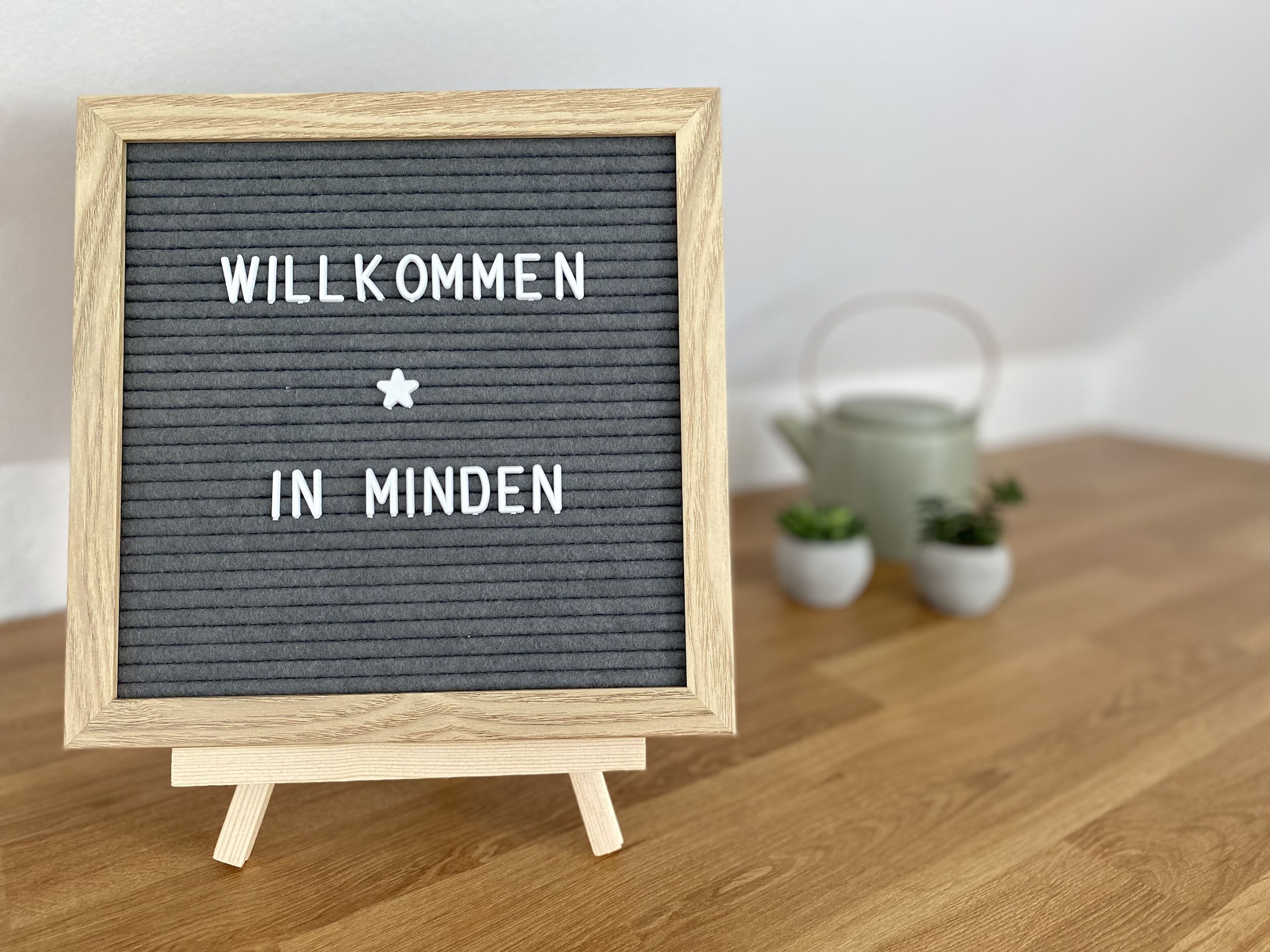 A framed welcome sign with the text "WILLKOMMEN IN MINDEN" on a textured background, placed on a wooden surface with small potted plants in the background.