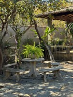 Un patio con mesas y bancos de piedra, rodeado de diversas plantas y árboles.