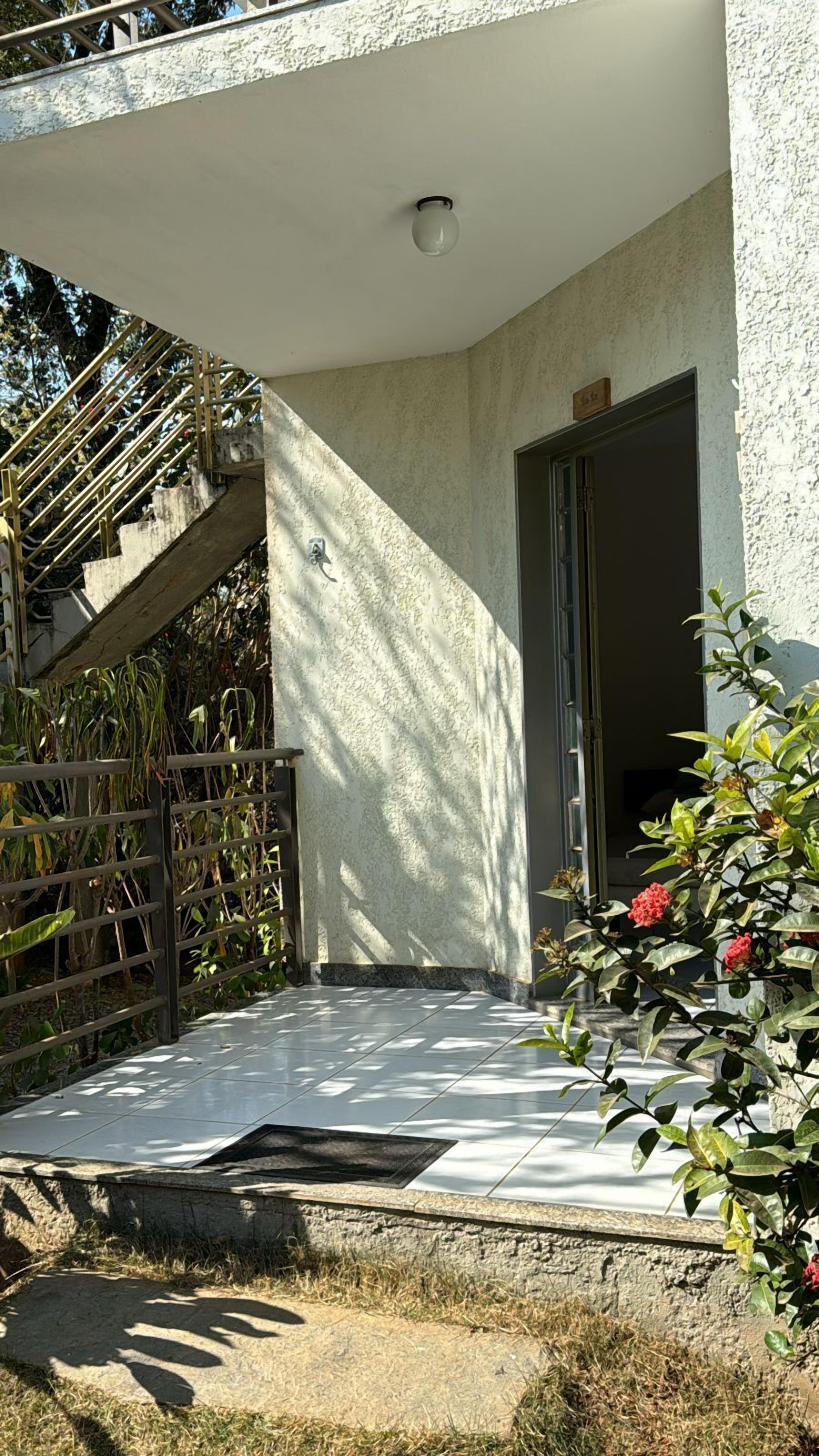 A modern building with a concrete staircase, a door, and a small garden area with plants.