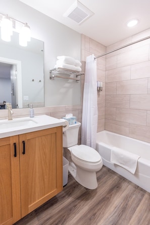 Combined shower/tub, hair dryer, towels, soap