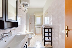 Shower, hair dryer, bidet, towels