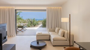 A modern living room with a sofa, a coffee table, and a TV. There is a view of the outdoors through a large window. - Casa Paradisu (Monticello)