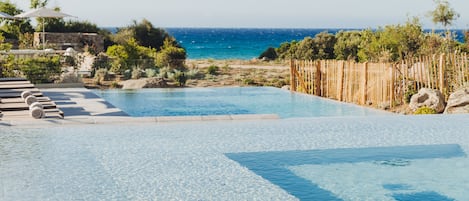 Piscina stagionale all'aperto, ombrelloni da piscina, lettini