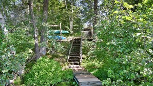 A wooden staircase surrounded by dense greenery, leading to a higher elevation.