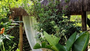 Una construcció amb teulada de palla envoltada de vegetació exuberànt i diferents plantes.