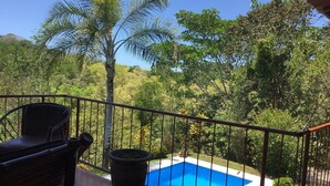 Un balcon donnant sur une piscine, entouré d’une végétation luxuriante et agrémenté d’un palmier.