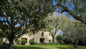 A building with a garden in front, featuring a large tree and a well-maintained lawn.
