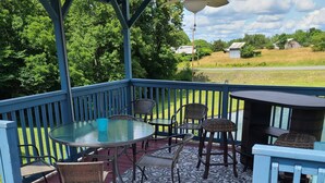 Eine überdachte Terrasse im Freien mit Tisch und Stühlen, einem Blumentopf und Blick auf die umliegende Landschaft.