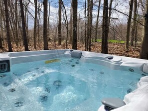 A hot tub surrounded by trees. - NEW!! Pocono!! Family Friendly, Hot tub, Fireplace (Tobyhanna)