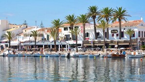 Zona frente al mar con barcos amarrados, palmeras y edificios con letreros de restaurantes y tiendas.