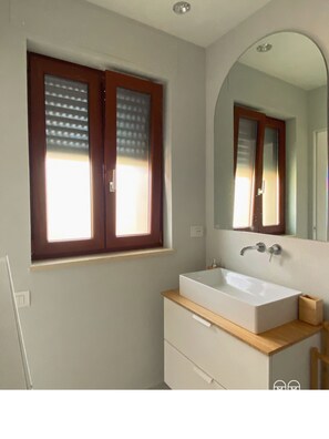 Shower, bidet, towels, soap