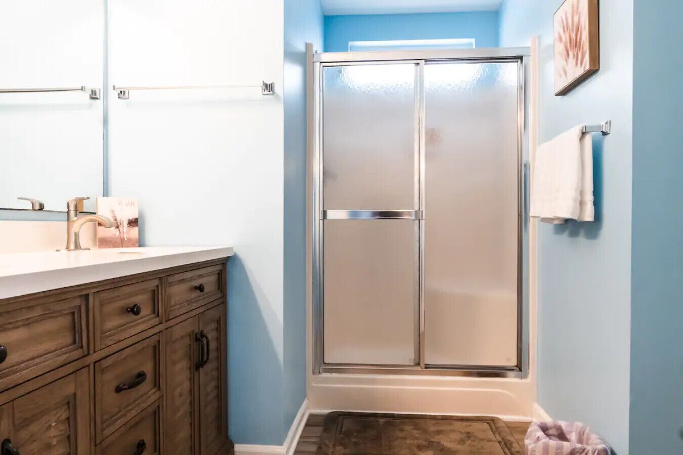 Une salle de bain avec une douche, un meuble-lavabo avec des tiroirs, un porte-serviettes et un tableau encadré au mur.