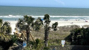 Una playa con palmeras, un camino de madera y vista al océano.